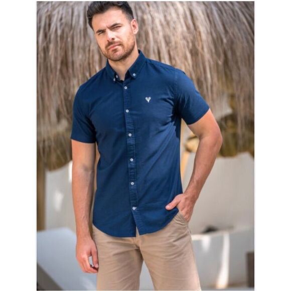 Scott Ellis NWOT Deep Blue "Carter" Oxford Short Sleeve Linen Button Down Shirt - Picture 1 of 8